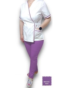 Costum medical Kimono, alb-mov, insertie mov, din tercot 2