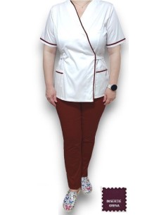 Costum medical Kimono, alb-grena, insertie grena, din tercot