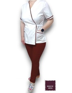 Costum medical Kimono, alb-grena, insertie grena, din tercot 2