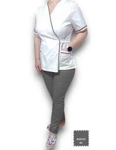 Costum medical Kimono, alb-gri, insertie gri, din tercot elastic