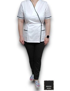 Costum medical Kimono, alb-negru, insertie neagra, din tercot elastic