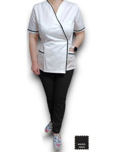 Costum medical Kimono, alb-negru, insertie neagra, din tercot elastic 2