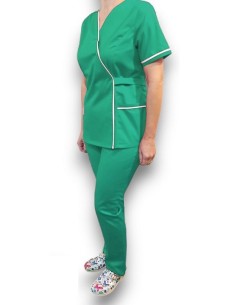 Costum medical Kimono, verde spital cu insertie alba, din tercot elastic