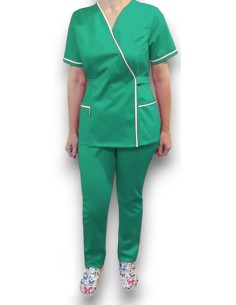 Costum medical Kimono, verde spital cu insertie alba, din tercot elastic 2