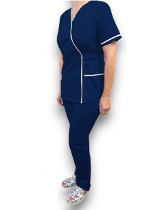 Costum medical Kimono,bleumarin cu insertie alba, din tercot elastic
