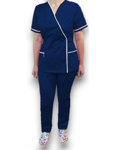Costum medical Kimono,bleumarin cu insertie alba, din tercot elastic 2