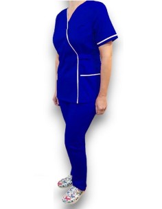 Costum medical Kimono,albastru royal cu insertie alba, din tercot elastic 2