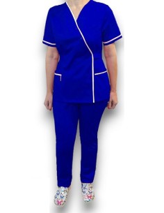 Costum medical Kimono,albastru royal cu insertie alba, din tercot elastic