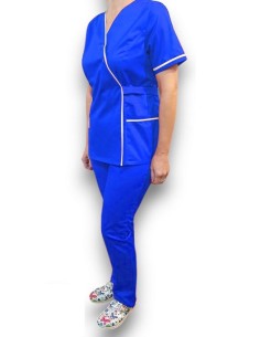 Costum medical Kimono, albastru cu insertie alba, din tercot elastic