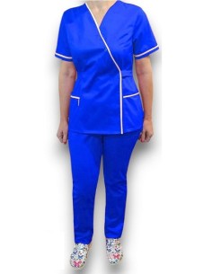 Costum medical Kimono, albastru cu insertie alba, din tercot elastic 2