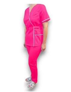 Costum medical Kimono, ciclam cu insertie alba, din tercot elastic