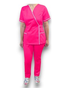 Costum medical Kimono, ciclam cu insertie alba, din tercot elastic 2