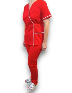 Costum medical rosu Kimono, din tercot elastic 2