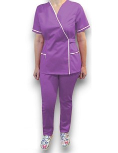 Costum medical Kimono, mov cu insertie alba, din tercot
