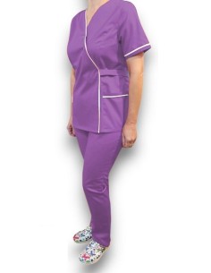 Costum medical Kimono, mov cu insertie alba, din tercot 2
