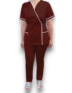 Costum medical Kimono, grena cu insertie alba, din tercot 2