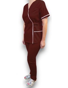 Costum medical Kimono, grena cu insertie alba, din tercot