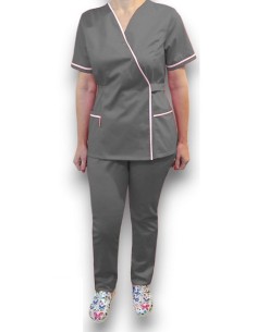 Costum medical Kimono, gri cu insertie alba, din tercot elastic