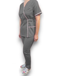 Costum medical Kimono, gri cu insertie alba, din tercot elastic 2