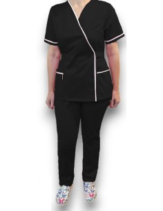 Costum medical Kimono, negru cu insertie alba, din tercot elastic 2