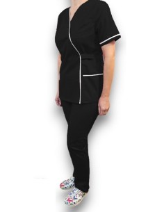Costum medical Kimono, negru cu insertie alba, din tercot elastic