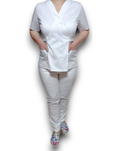 Costum medical alb Kimono, din tercot elastic 2