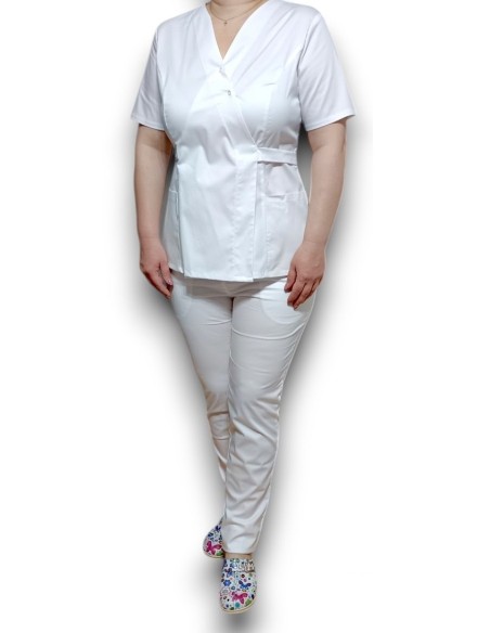 Costum medical alb Kimono, din tercot elastic Costum medical alb Kimono, din tercot elastic