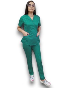 Costum medical verde spital Kimono, din tercot elastic 2