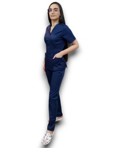 Costum medical bleumarin Kimono, din tercot elastic
