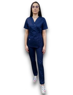 Costum medical bleumarin Kimono, din tercot elastic 2