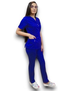 Costum medical albastru royal Kimono, din tercot elastic
