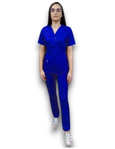 Costum medical albastru royal Kimono, din tercot elastic 2