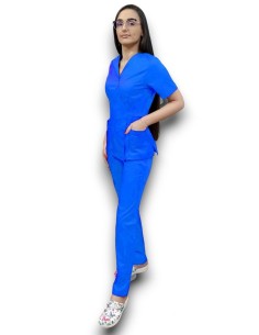 Costum medical albastru Kimono, din tercot elastic 2