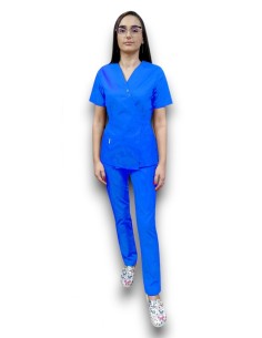 Costum medical albastru Kimono, din tercot elastic