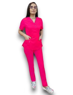 Costum medical ciclam Kimono, din tercot elastic