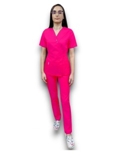 Costum medical ciclam Kimono, din tercot elastic 2