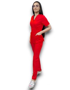 Costum medical rosu Kimono, din tercot elastic 2