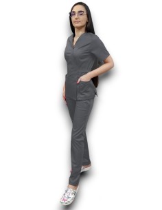 Costum medical gri Kimono, din tercot elastic