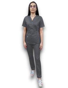 Costum medical gri Kimono, din tercot elastic 2
