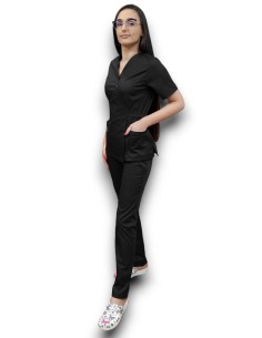 Costum medical negru Kimono, din tercot elastic 2