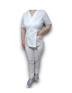 Costum medical alb Kimono, din tercot elastic