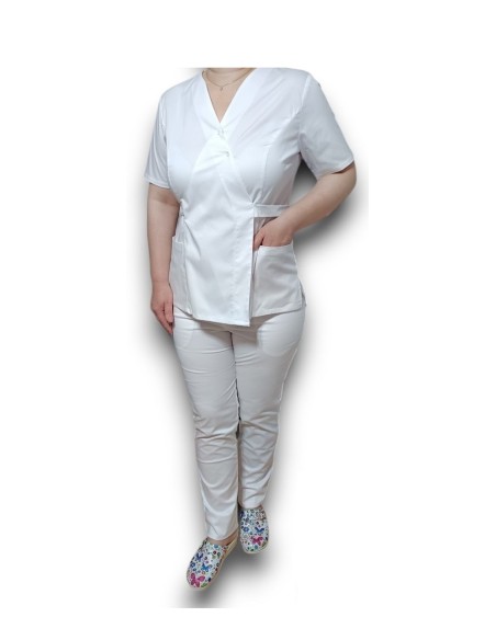 Costum medical alb Kimono, din tercot elastic Costum medical alb Kimono, din tercot elastic
