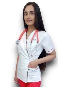 Halat medical alb Kimono, din tercot elastic, cu insertie florala 2