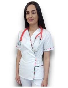 Halat medical alb Kimono, din tercot elastic, cu insertie florala