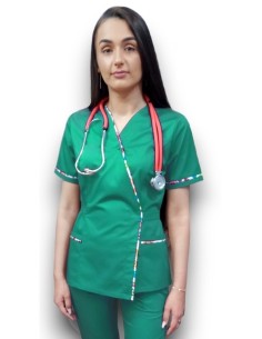 Halat medical verde spital Kimono, din tercot elastic, cu insertie florala 2