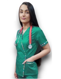 Halat medical verde spital Kimono, din tercot elastic, cu insertie florala
