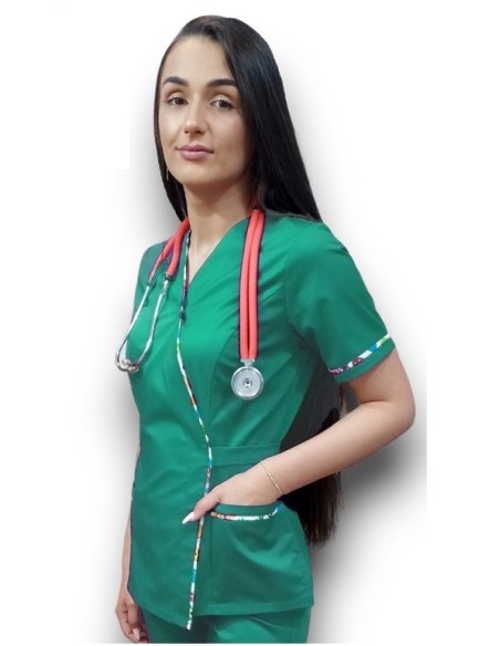 Halat medical verde spital Kimono, din tercot elastic, cu insertie florala Halat medical verde spital Kimono, din tercot elastic, cu insertie florala