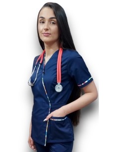 Halat medical bleumarin Kimono, din tercot elastic, cu insertie florala 2