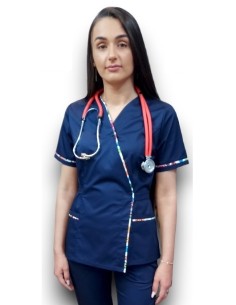 Halat medical bleumarin Kimono, din tercot elastic, cu insertie florala