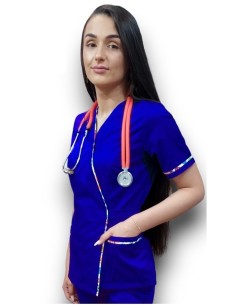 Halat medical albastru royal Kimono, din tercot elastic, cu insertie florala